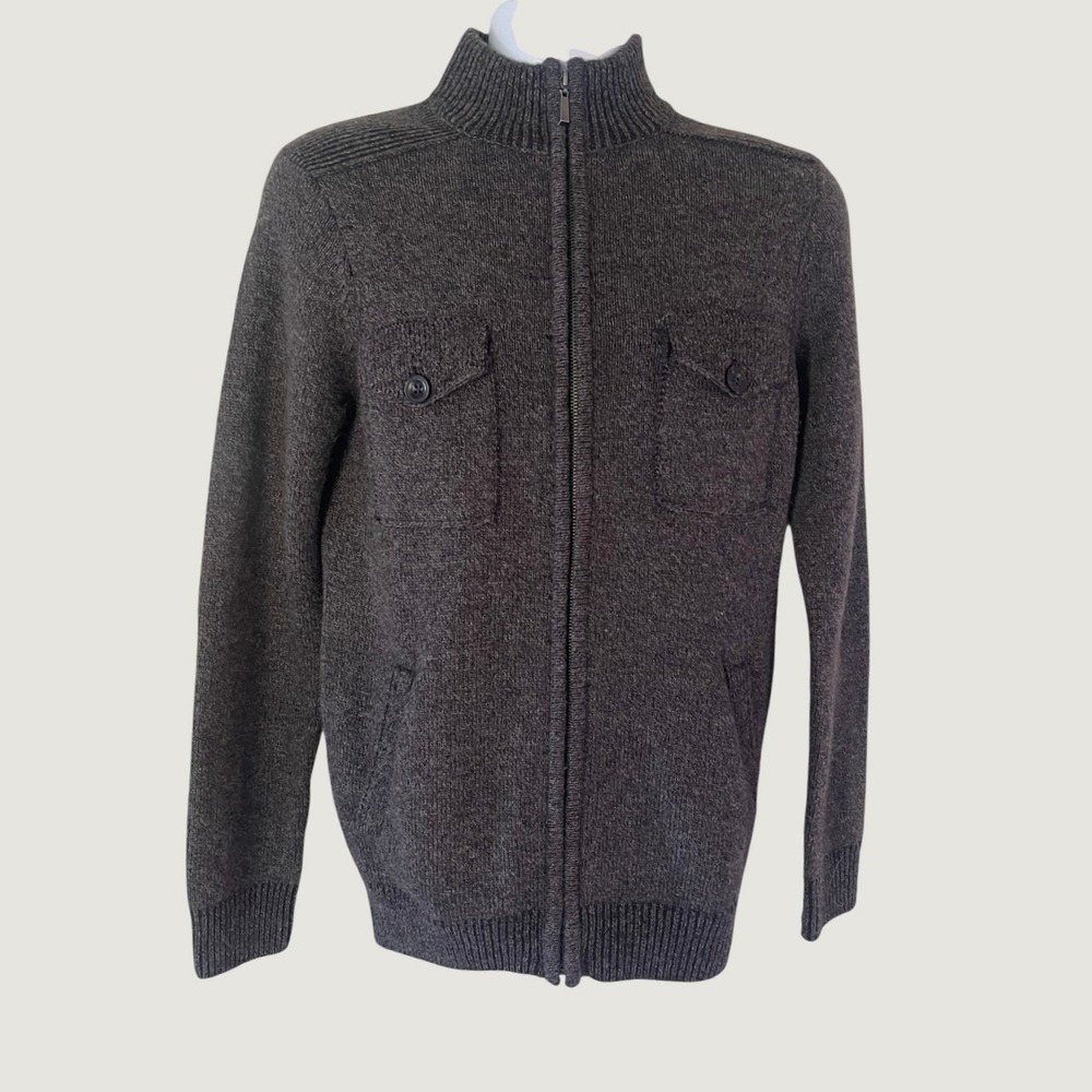 Pronto Uomo Blue Mens Small 100% Wool Full Zip Sweater Charcoal Gray Mock Neck